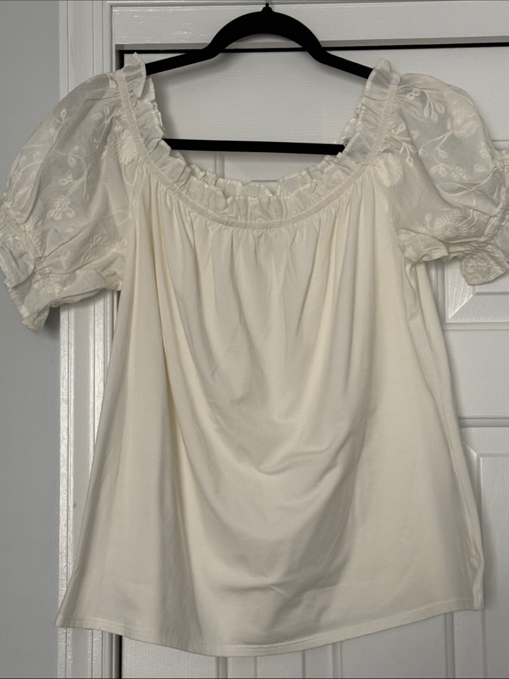 One September Women's Cream Peasant Blouse with Embroidered Puff Sleeves